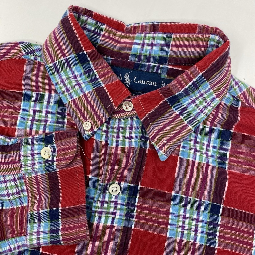 Ralph Lauren Button Down Shirt Mens Large Red‎ Blue Plaid Custom Fit Cotton LS